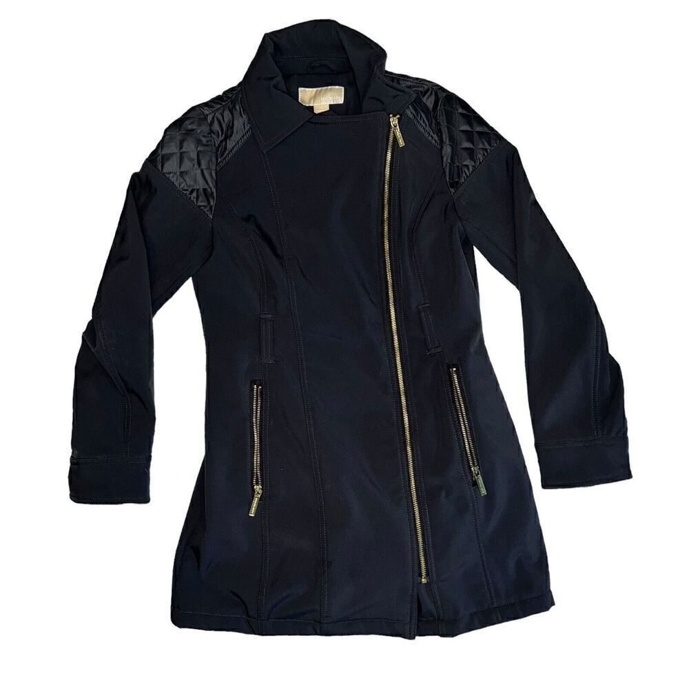 Michael Kors Parka Rain Coat Women's Size S Black Quilted Shoulder Full Side Zip